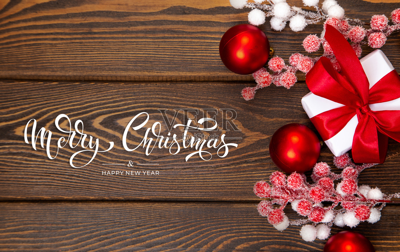 圣诞快乐，新年贺卡、相框和横幅。节日设计。圣诞快乐（Noel）和新年快乐（Feliz Navidad）。圣诞礼物和装饰品，俯视。平面设计。照片摄影图片