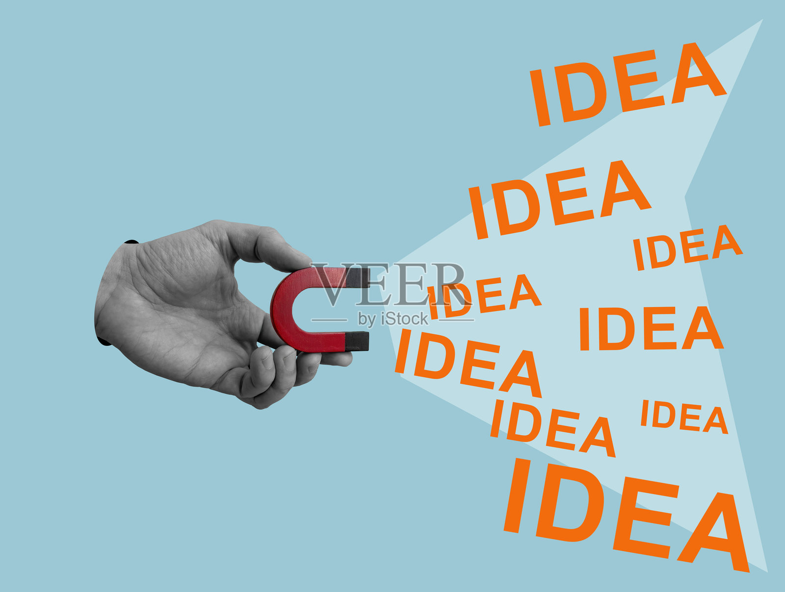 磁铁吸引“想法”一词，象征创意思维照片摄影图片