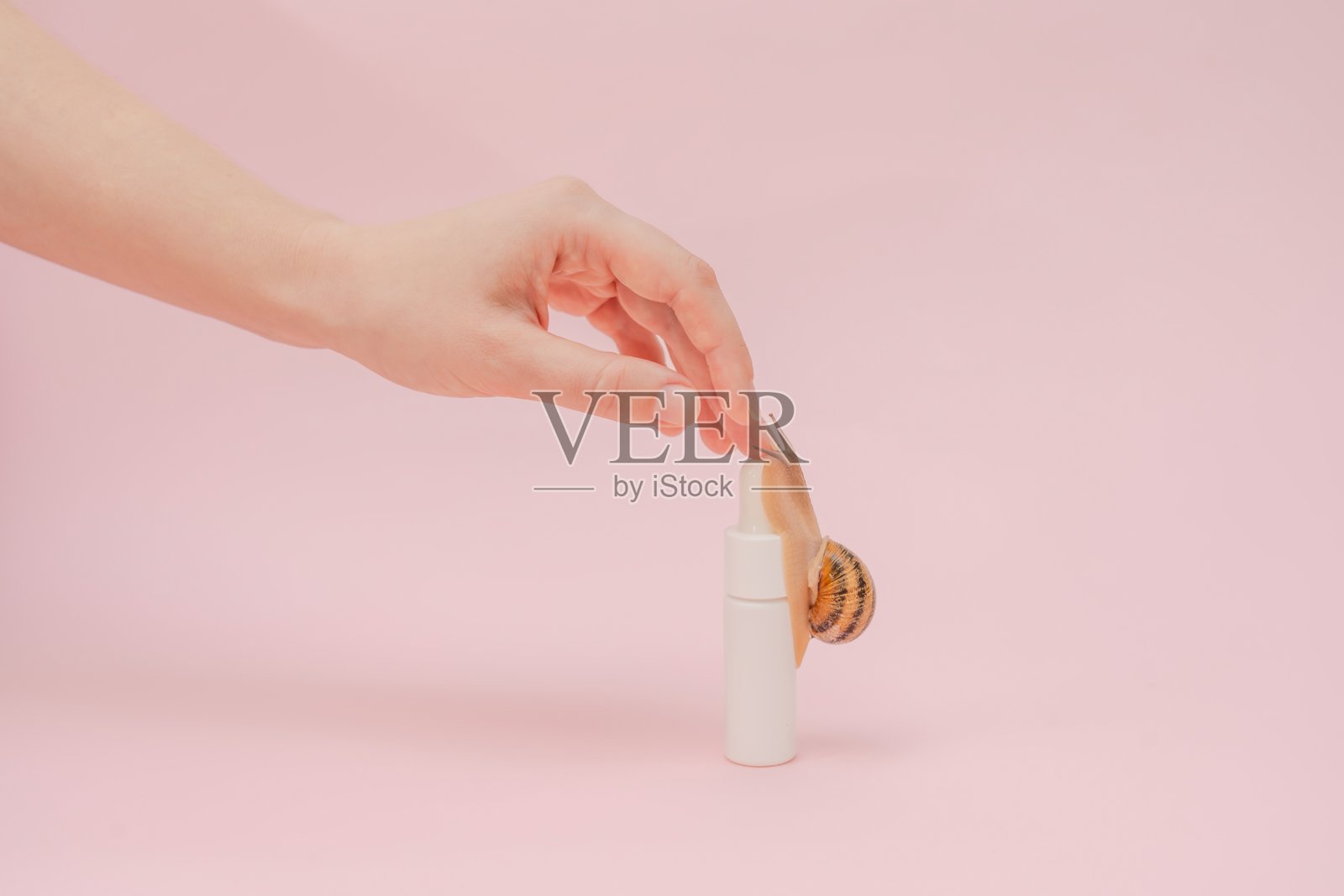 化妆品瓶子和一只蜗牛，配以优雅的手。品牌样机。护肤、水疗、奢华化妆品、天然美容产品照片摄影图片