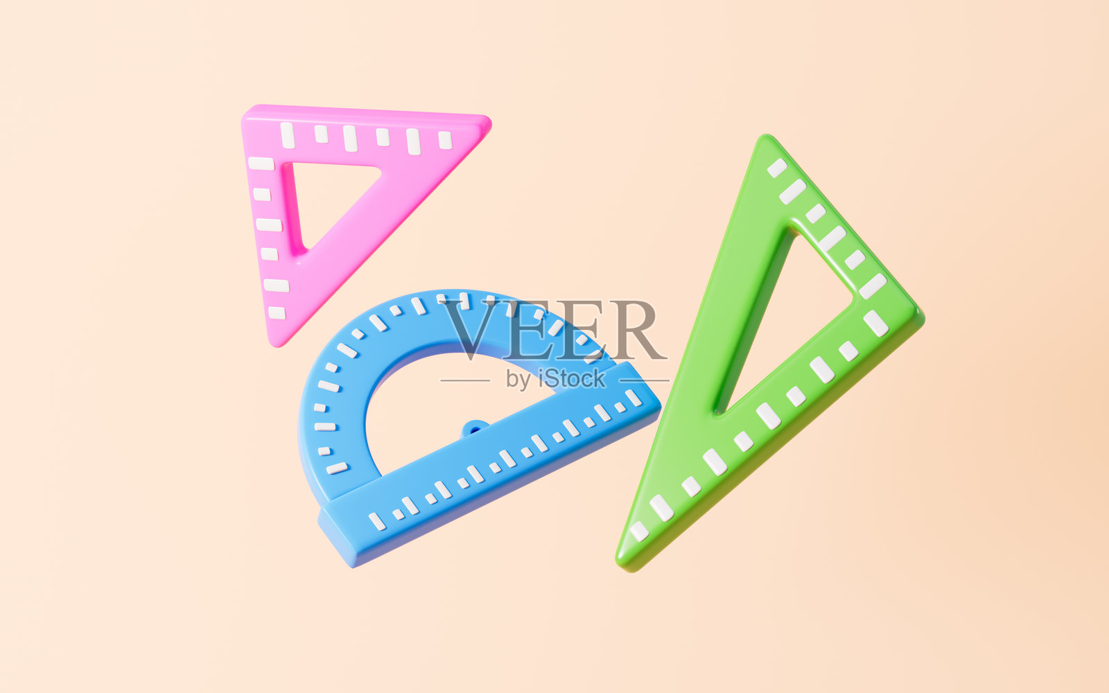 卡通尺子、游标量角器、三角尺等学习文具，3D渲染。照片摄影图片