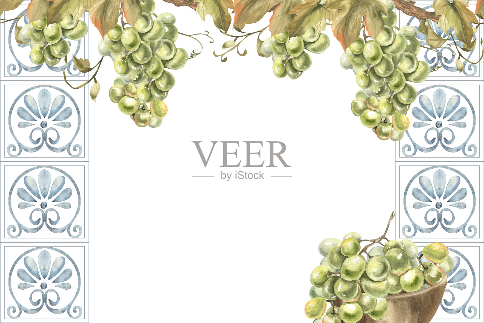夏季绿色葡萄藤及叶子，盘中葡萄串装饰有希腊传统蓝色装饰的水彩横幅模板。意大利饮品和食物剪贴画，菜单和包装用的新鲜水果。插画图片素材