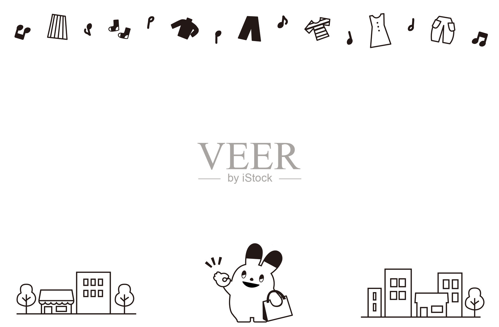 竖起大拇指的购物兔和城镇相框（单色）插画图片素材