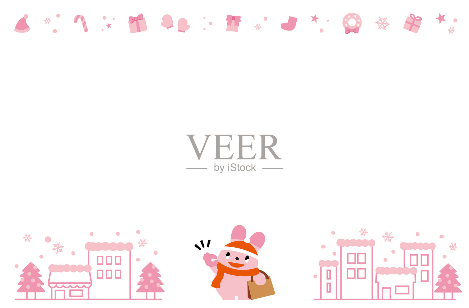 冬日小镇与购物兔画框插画图片素材