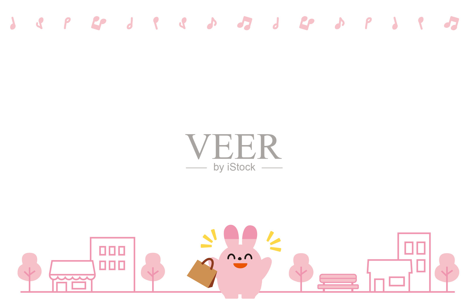 购物兔欢呼，背景为城镇风光框插画图片素材