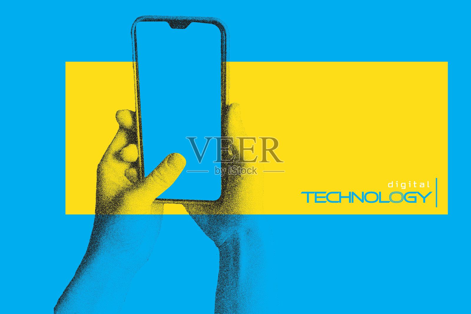 人类的手拿着智能手机。时尚拼贴横幅，一只手拿着手机。数字技术概念。带有颗粒效果的现代艺术。粗糙的噪点单色纹理。矢量点画插图插画图片素材