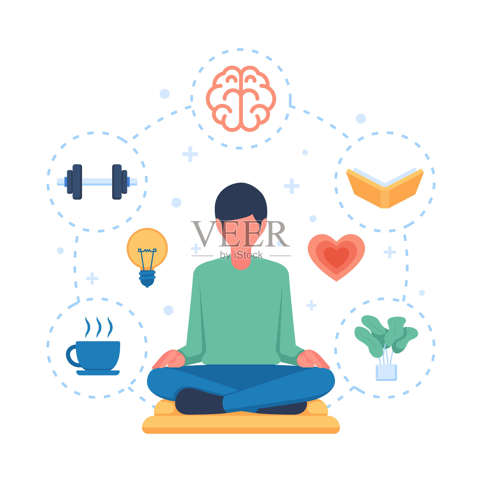 商务人士被自我关怀图标包围着冥想插画图片素材