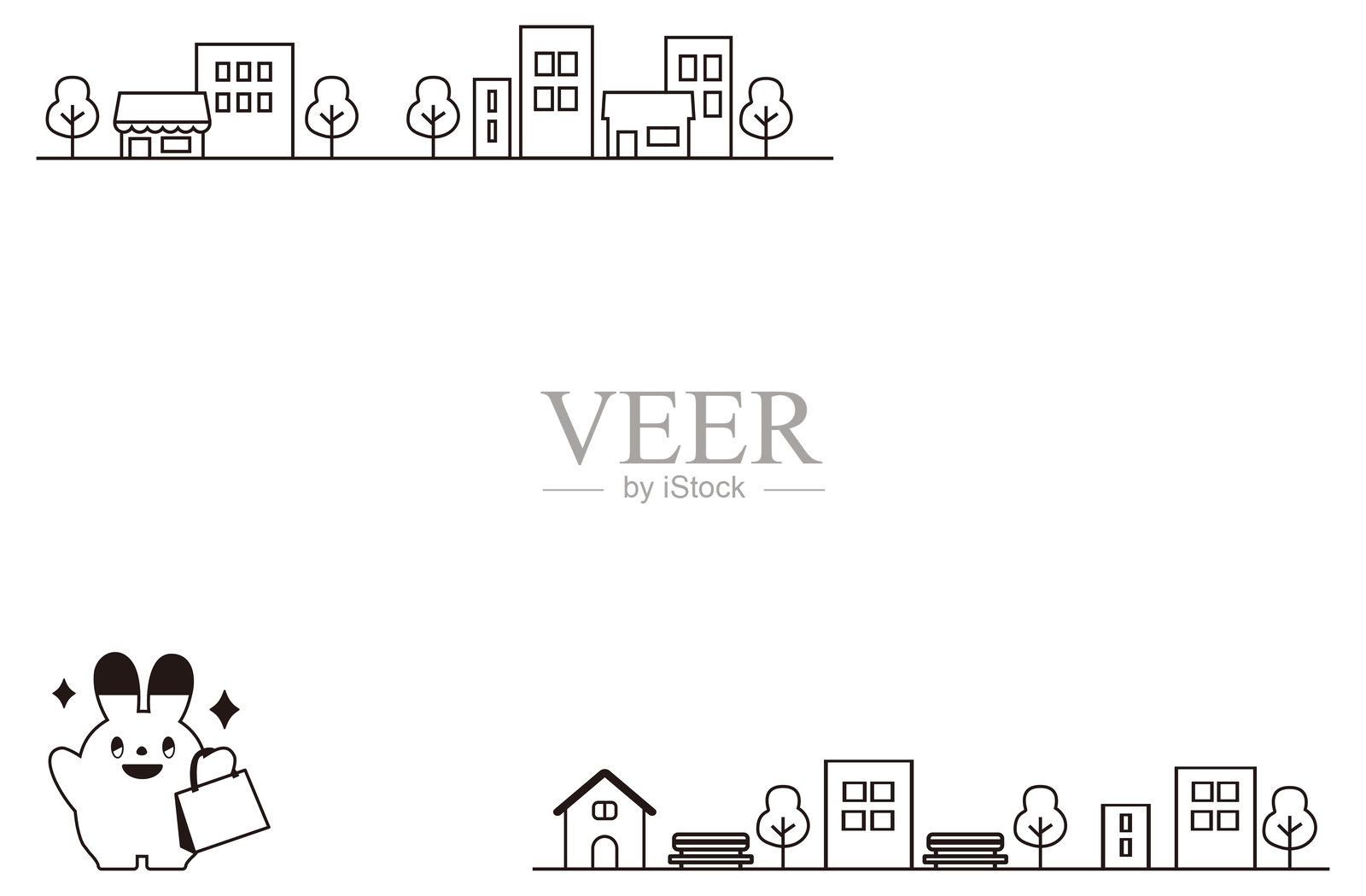 购物兔竖起大拇指，背景为单色城市景观画框插画图片素材