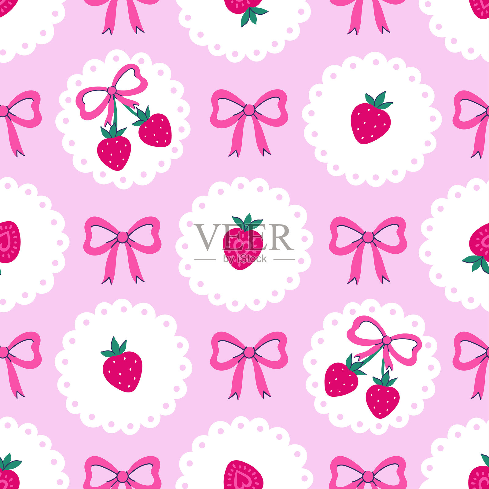 无缝草莓和蝴蝶结图案。矢量图。插画图片素材