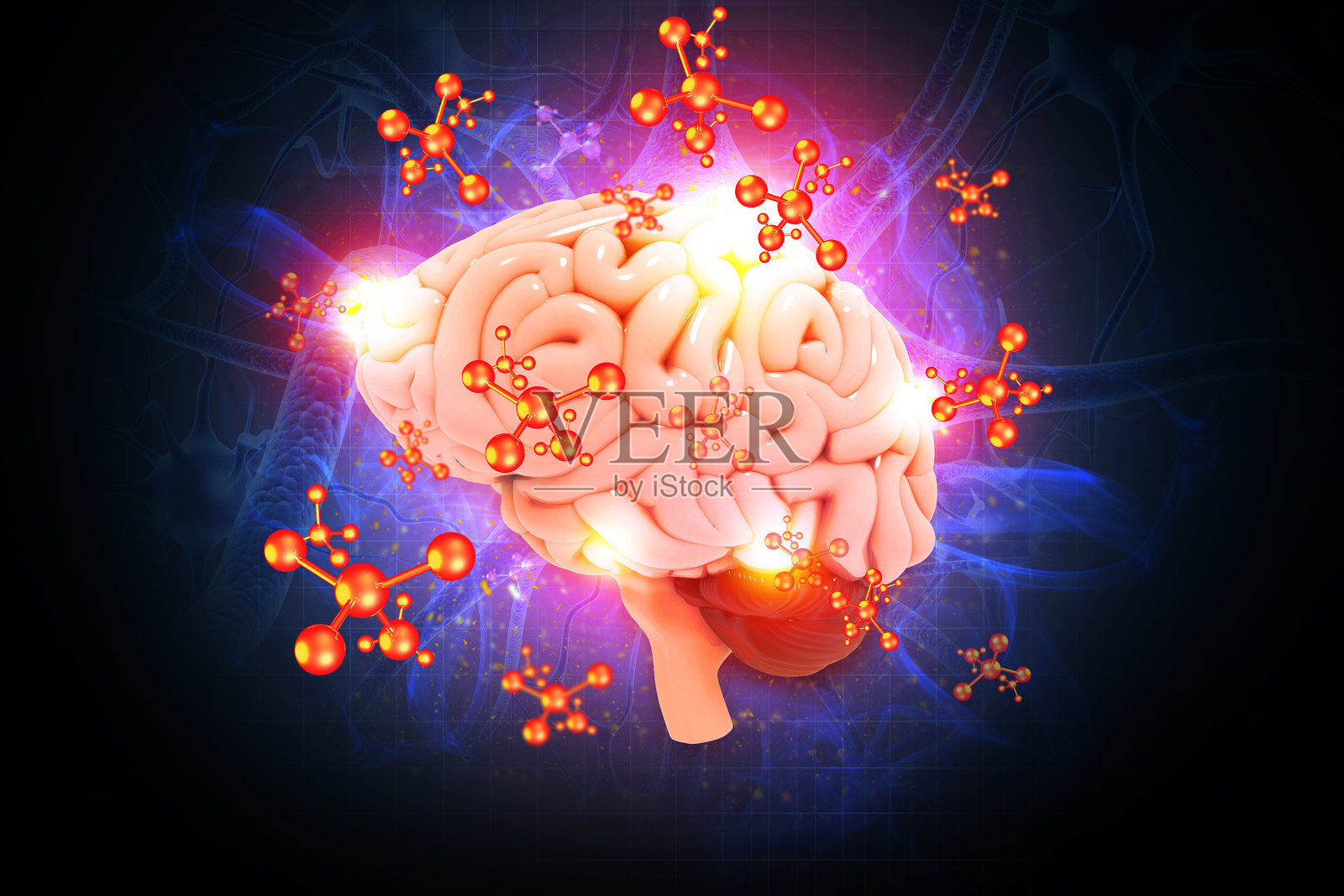 医学背景下的人类智慧概念，包含大脑。三维插画。照片摄影图片