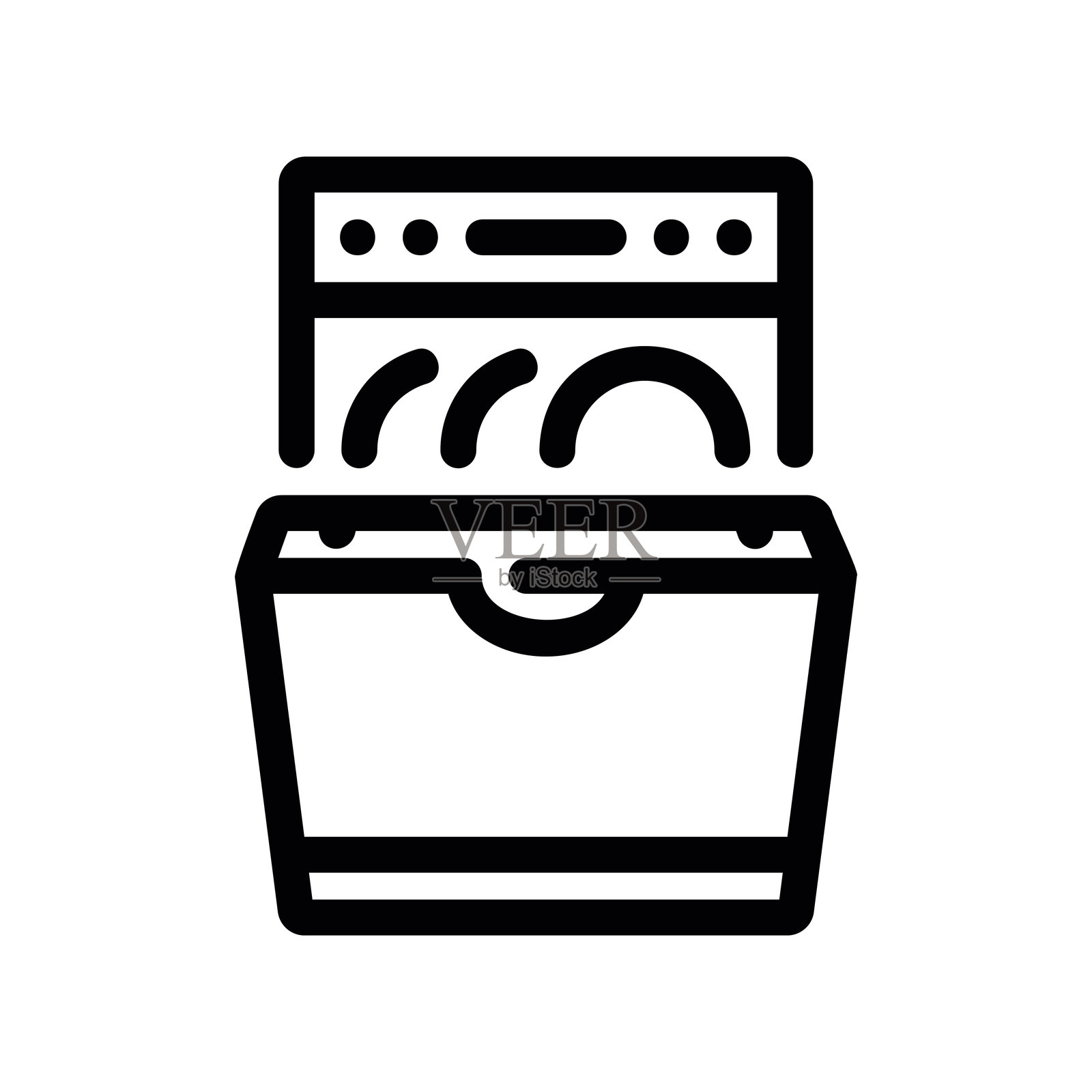 打开洗碗机，里面放着一架干净的盘子和杯子插画图片素材