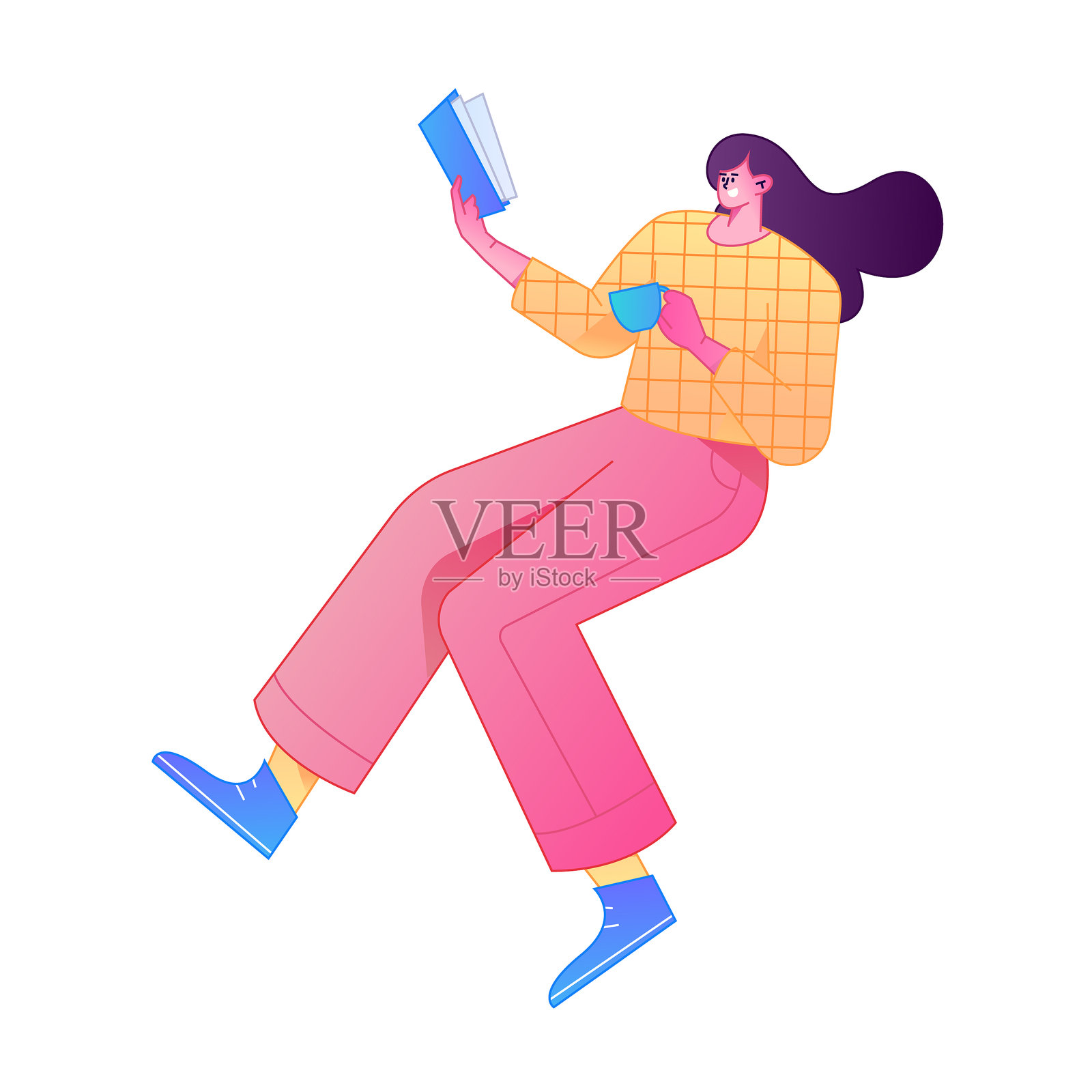 矢量渐变插画，描绘了一个正在读书的角色。插画图片素材