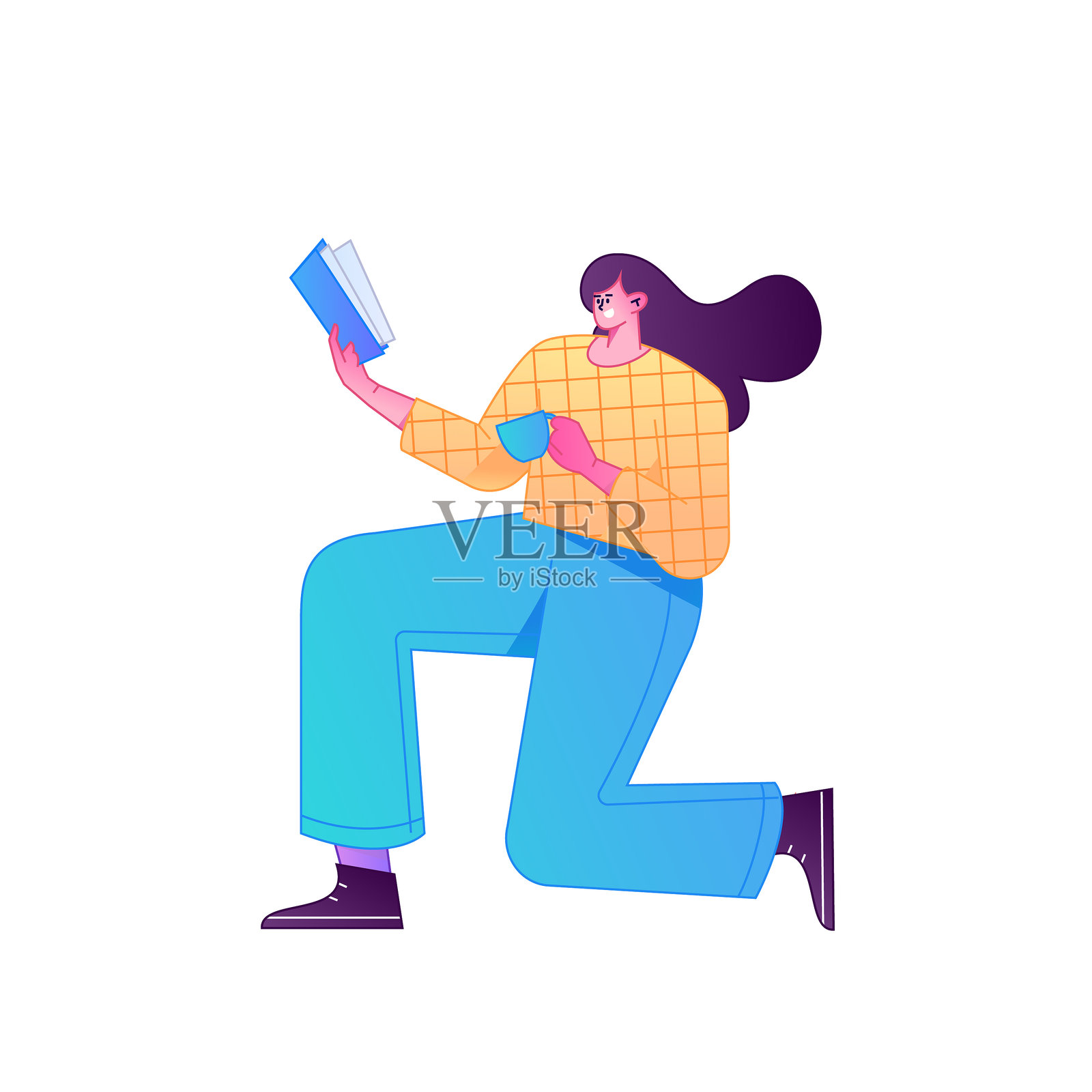 矢量渐变插画，描绘了一个正在读书的角色。插画图片素材