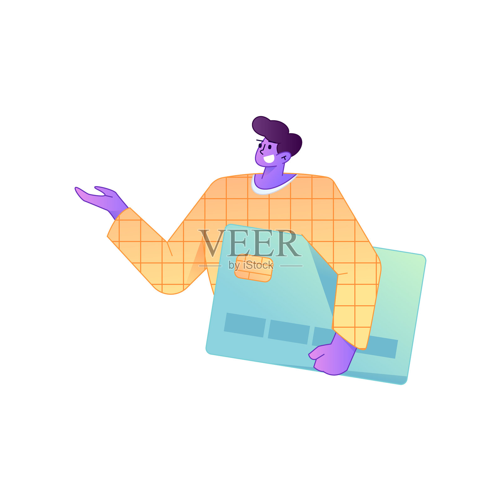 矢量渐变插画，一个角色手持信用卡进行金融支付。插画图片素材