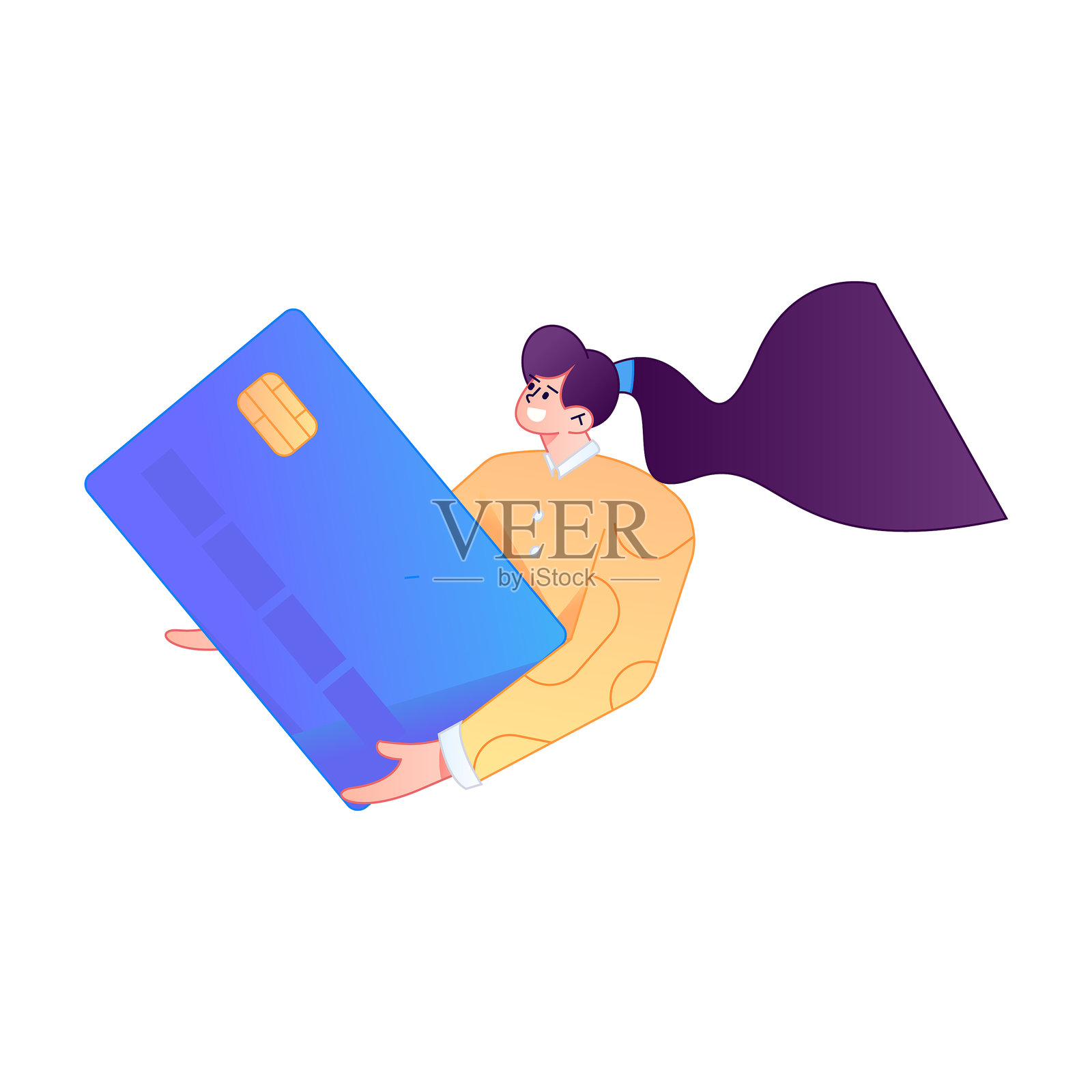 矢量渐变插画，描绘一个角色正持信用卡进行财务支付。插画图片素材