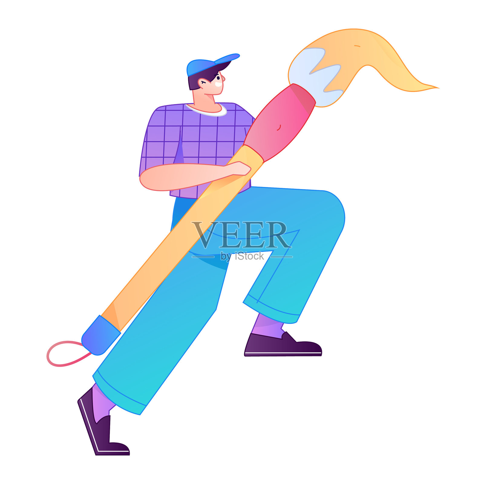 矢量渐变插画：一人持书法笔插画图片素材