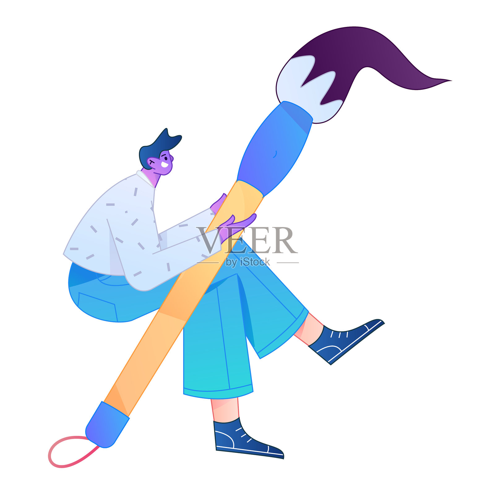 一位人物手持毛笔的矢量扁平渐变插画。插画图片素材