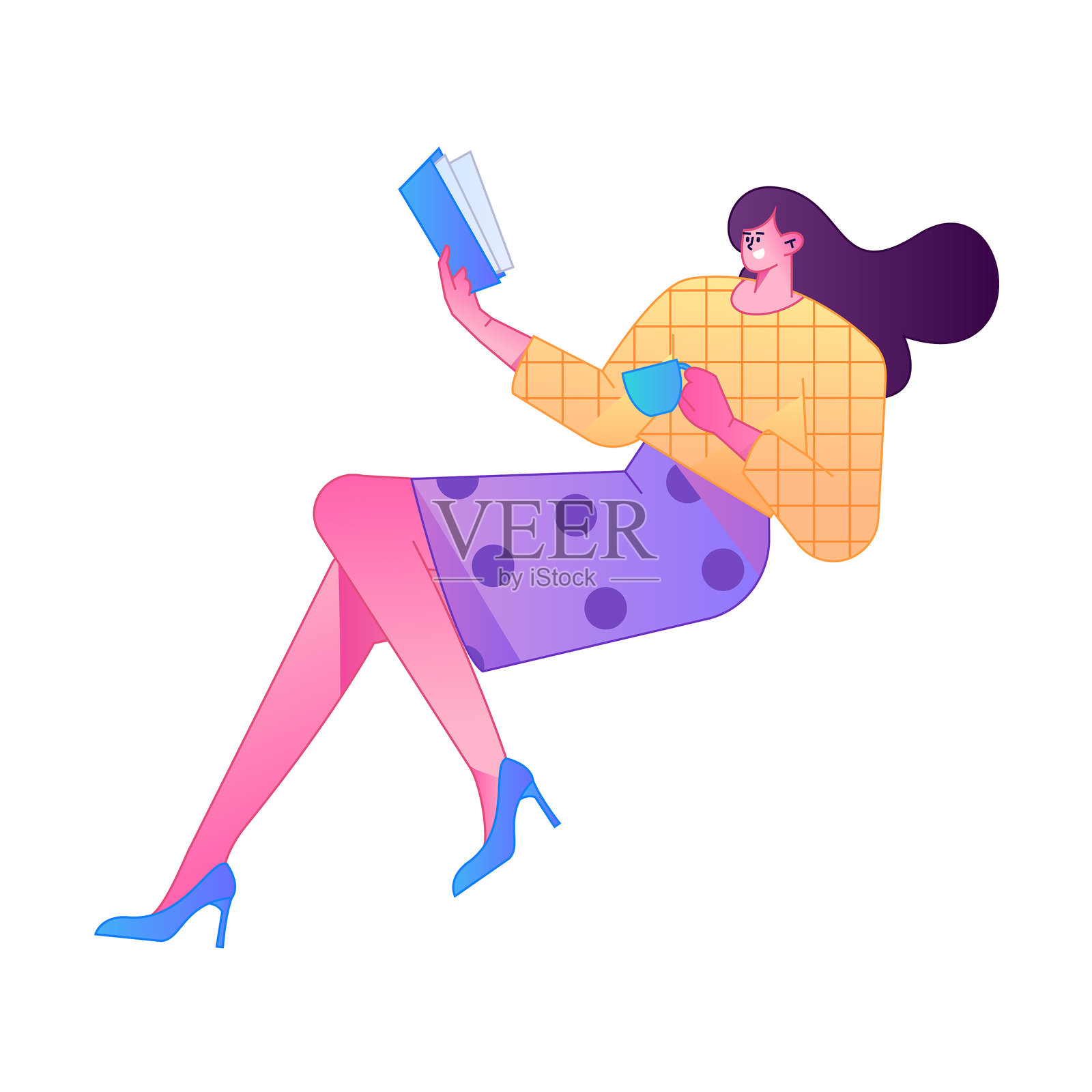 扁平化渐变矢量插画，描绘了一个正在读书的角色。插画图片素材