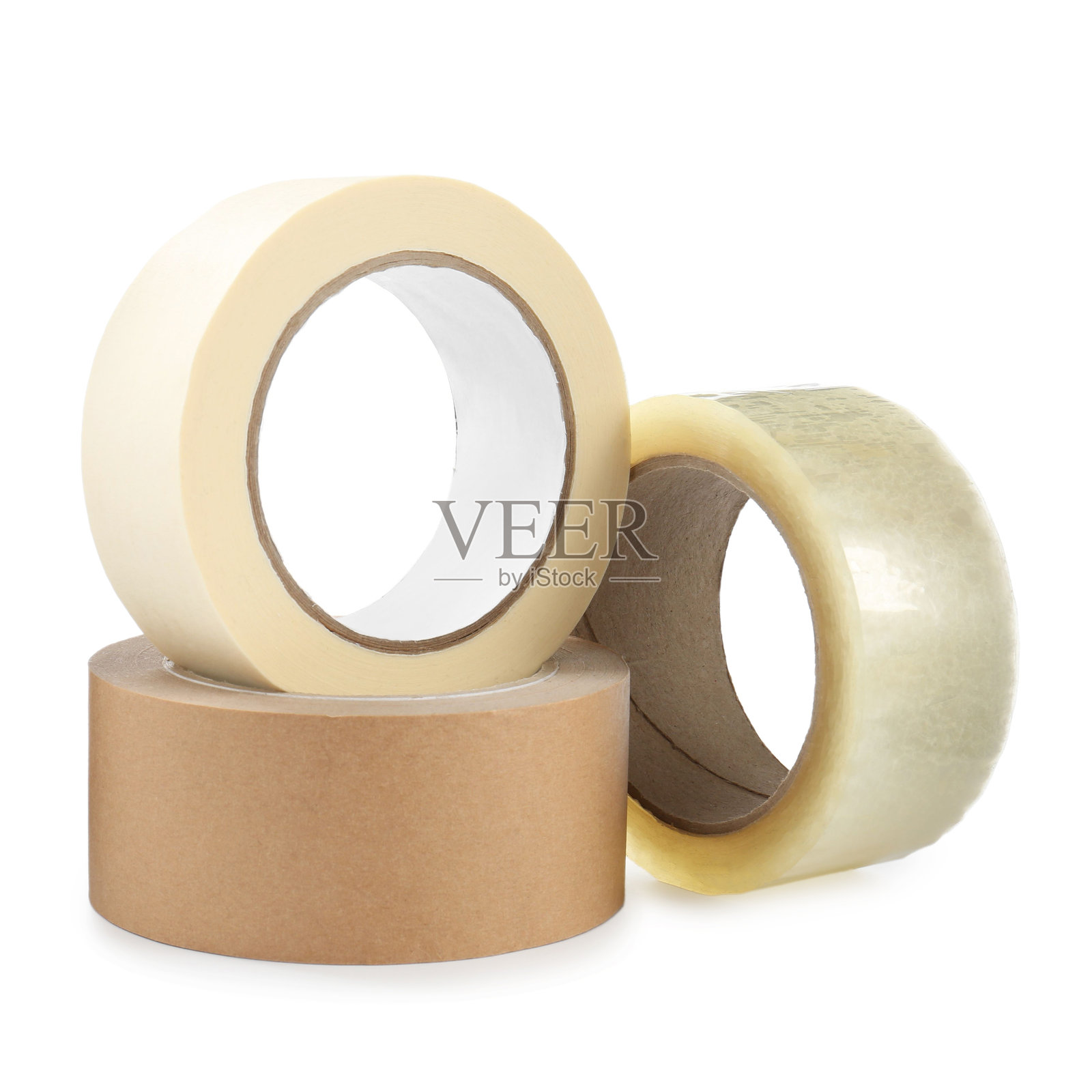 白色背景下分离的胶带和美纹纸胶带卷照片摄影图片