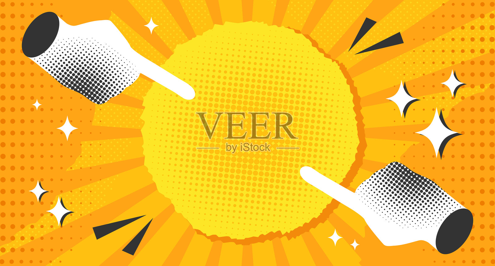 流行艺术漫画背景，装饰有指向的手。复古风格的背景，带有彩色半色调、圆点和射线。矢量插画插画图片素材