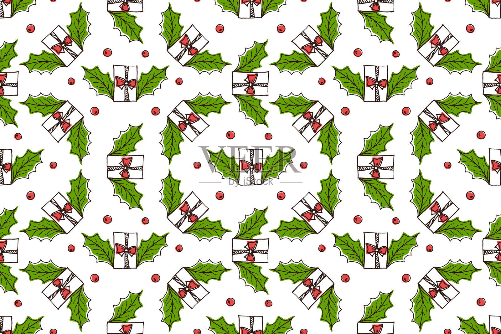 圣诞冬青花环、礼品盒、浆果的无缝图案。有趣的节日装饰背景插画图片素材