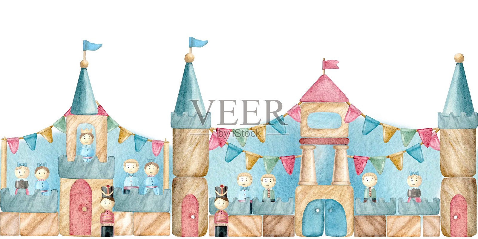 一幅无缝的横向画框，描绘了一座带有旗帜、市民和公主的堡垒，采用手绘水彩风格，背景隔离。简单的剪贴画，带有木制积木套装。插画图片素材