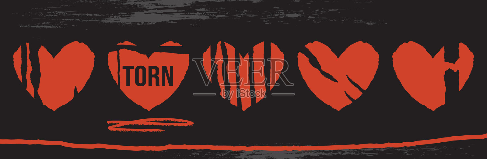 拼贴画框中，用撕裂的纸心表达伤感的爱意，适合情人节。插画图片素材