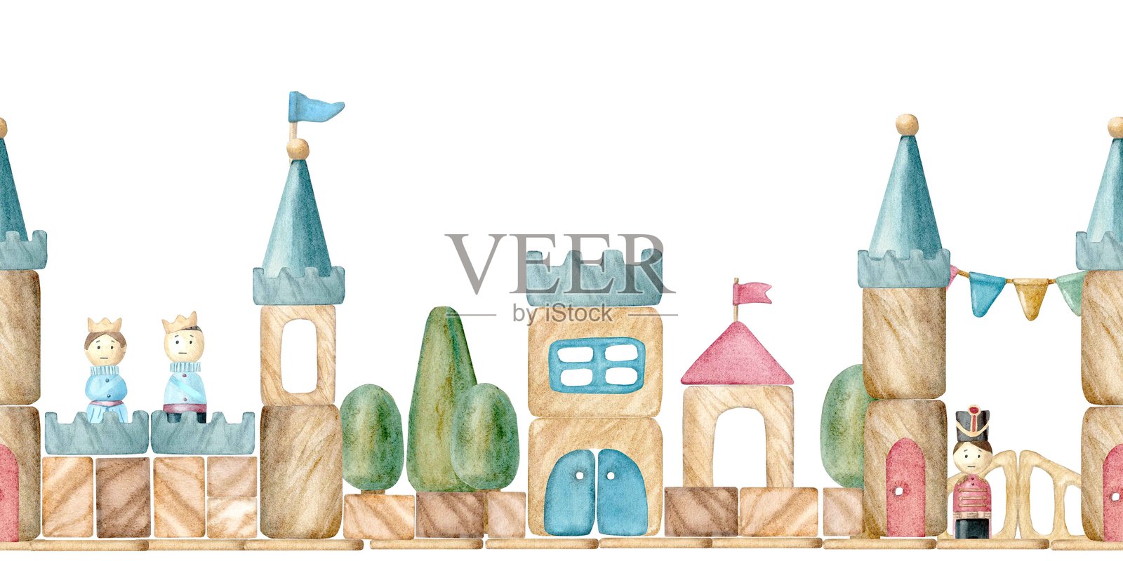 无缝水平边框，描绘了一个手绘水彩风格的童话城堡，带有旗帜，背景孤立。简单的儿童木制积木剪贴画，包含王子、公主和卫兵。插画图片素材