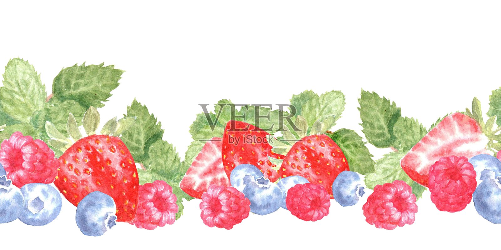 无缝的横向边框，包含覆盆子、蓝莓、草莓和薄荷，水彩画风格，孤立背景。简单的剪贴画，带有用于甜点的精美顶饰。插画图片素材
