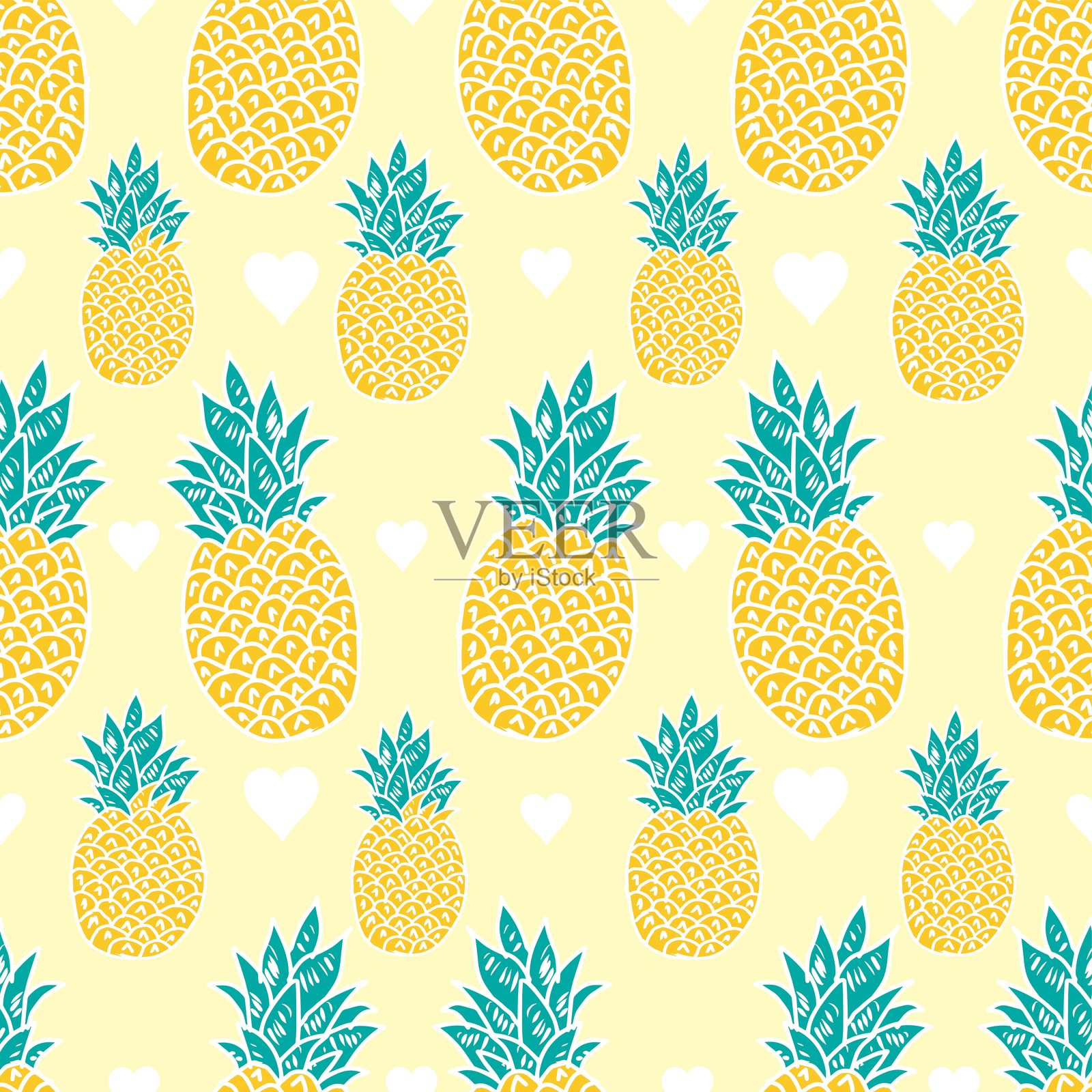 黄色背景上菠萝和心形图案的无缝花纹。矢量图。插画图片素材