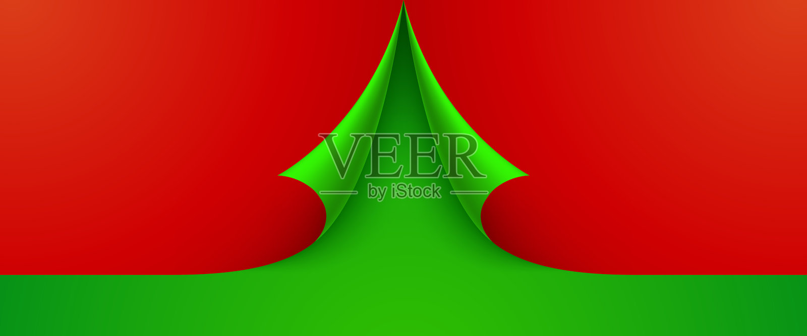 节日红色背景上，用卷曲的绿色纸张形成的优雅圣诞树造型。插画图片素材