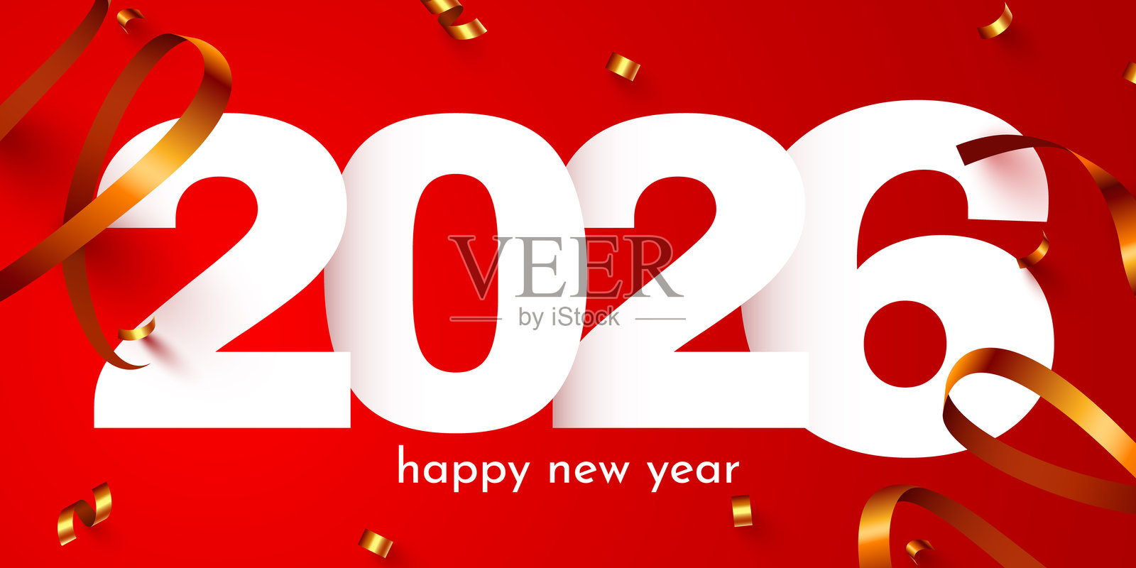 2026新年喜庆背景，鲜艳的红色背景上装饰着金色丝带和五彩纸屑插画图片素材