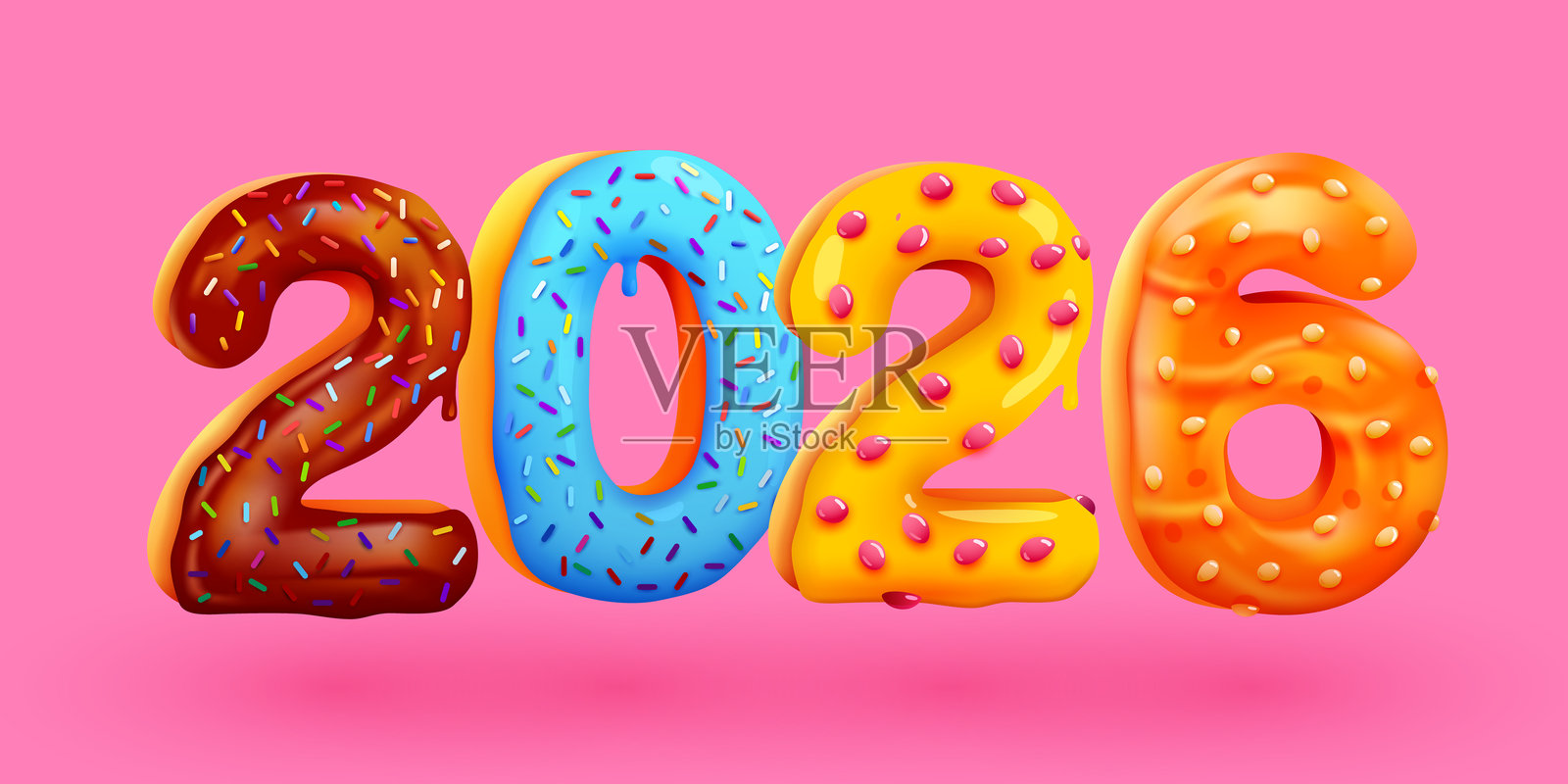 美味的2026新年贺卡。多彩釉面甜点数字。贺卡、横幅、海报。插画图片素材