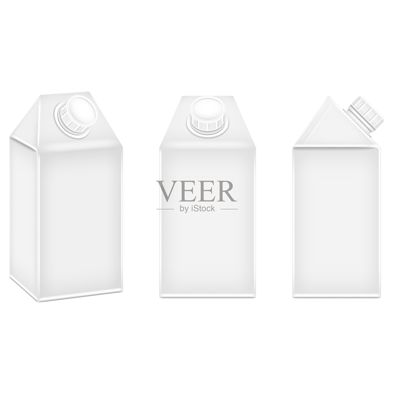 空白的白色短盖顶纸盒带螺旋盖包装套装，逼真的 3D 模型矢量图，孤立在白色背景上，适用于牛奶、奶油、果汁或其他液体饮料产品，纸盒的各种角度。插画图片素材