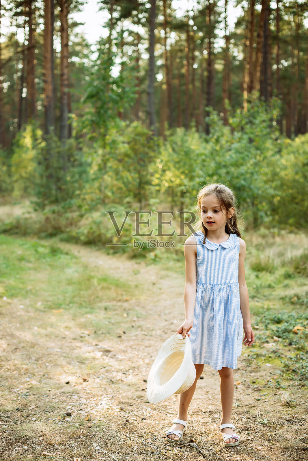 身穿蓝白条纹连衣裙的小女孩，戴着草帽，在阳光明媚的森林小径上探索，充满夏日童趣照片摄影图片