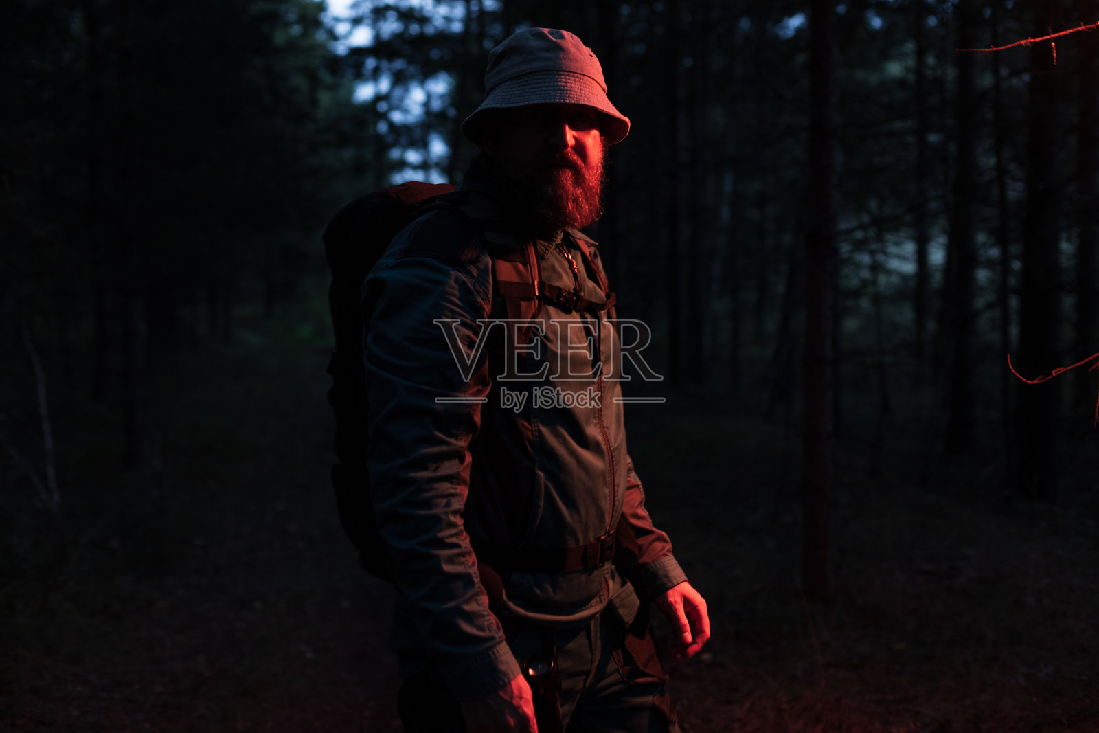 留着胡子、戴着帽子的男人站在森林里照片摄影图片