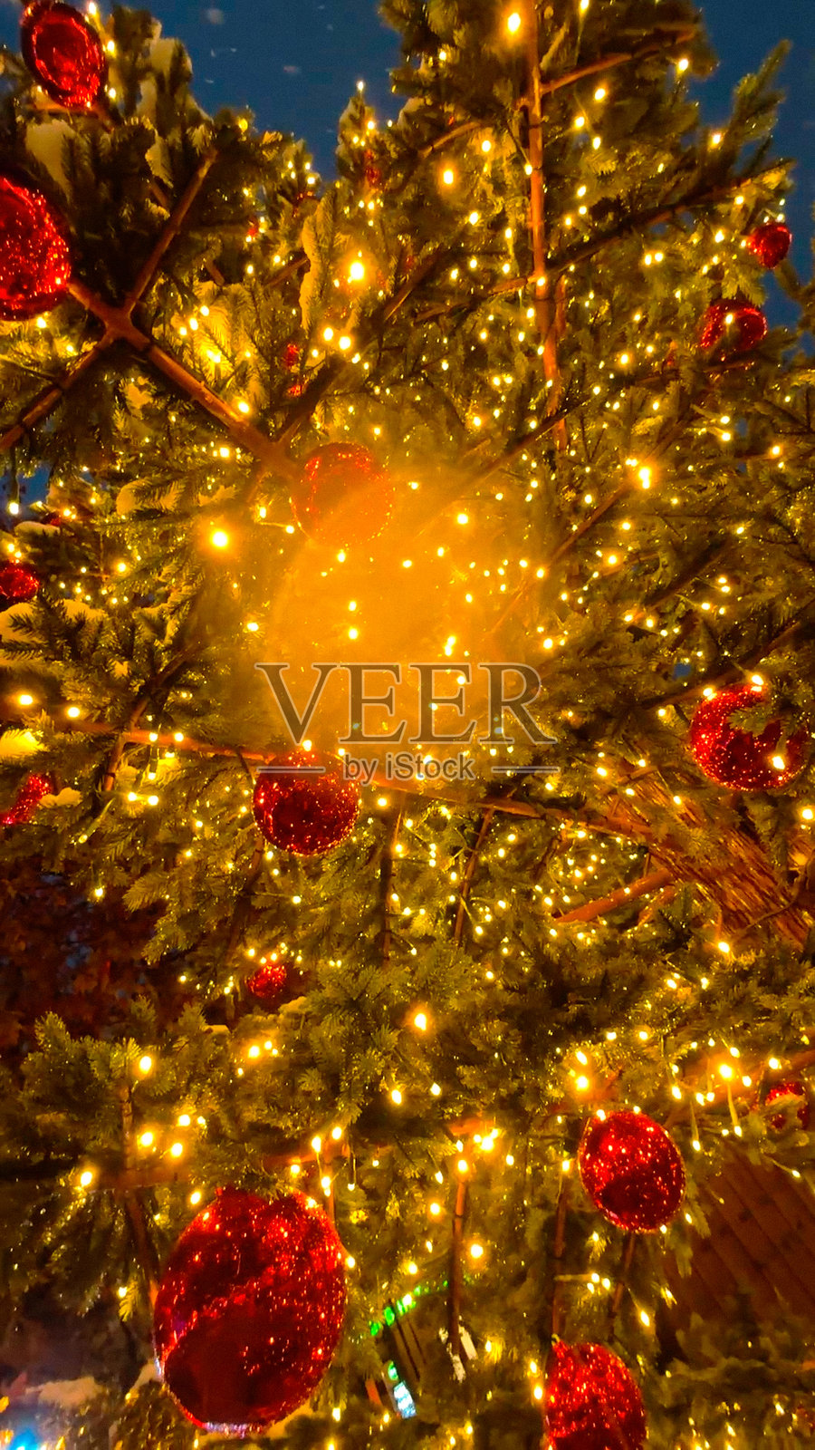 室外装饰着气泡和暖色灯光的圣诞树。照片摄影图片