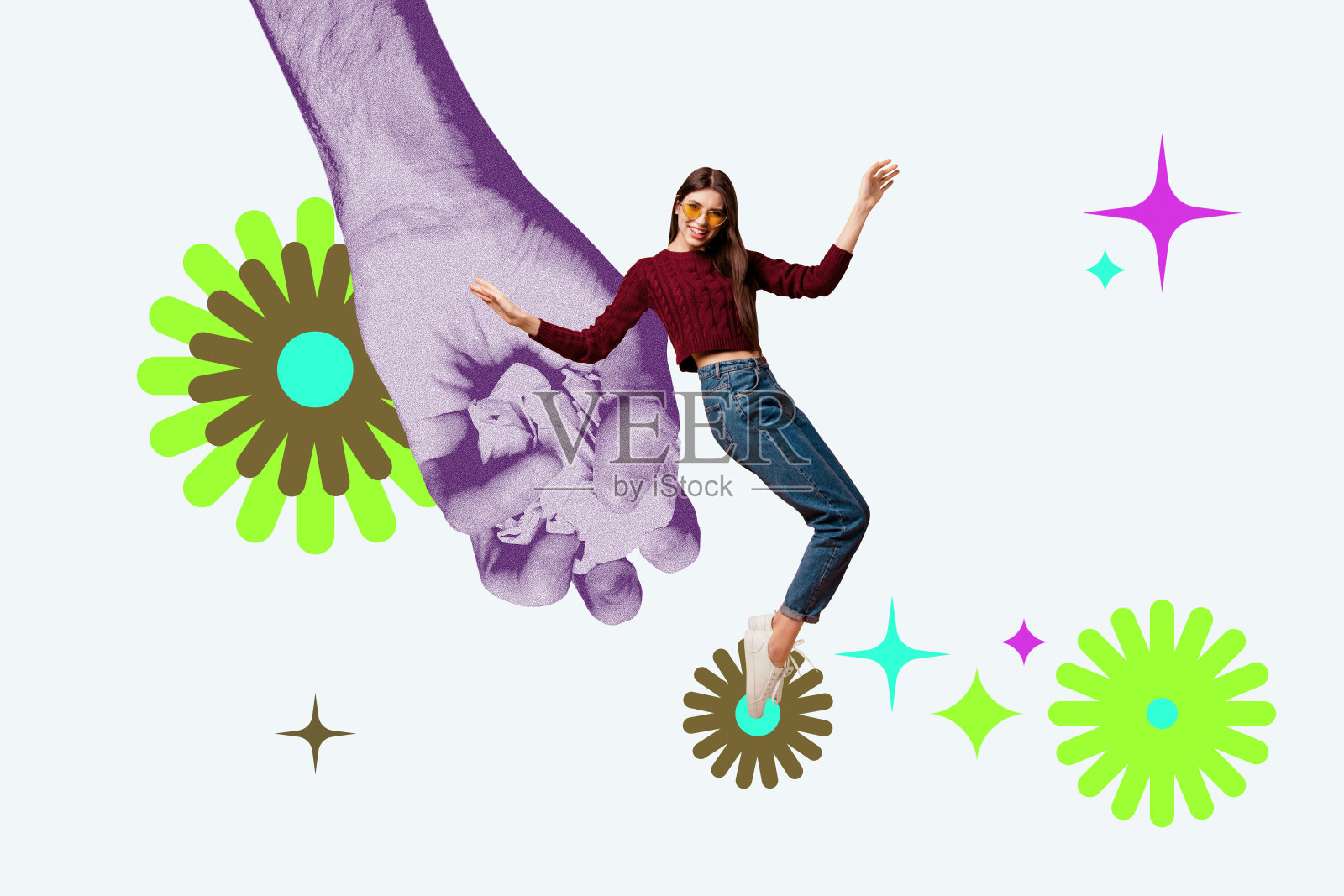 拼贴画：快乐的时尚模特，身处唤起复古风格艺术气息的复古多彩波西米亚图案背景前照片摄影图片