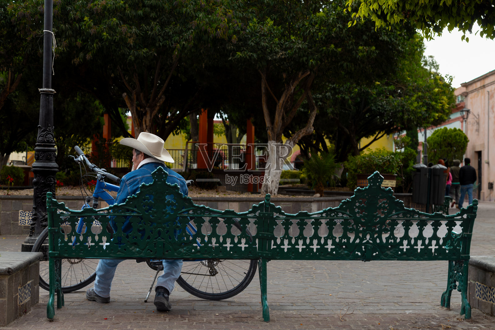 男人坐在多洛雷斯伊达尔戈的作曲家花园里，旁边放着自行车照片摄影图片