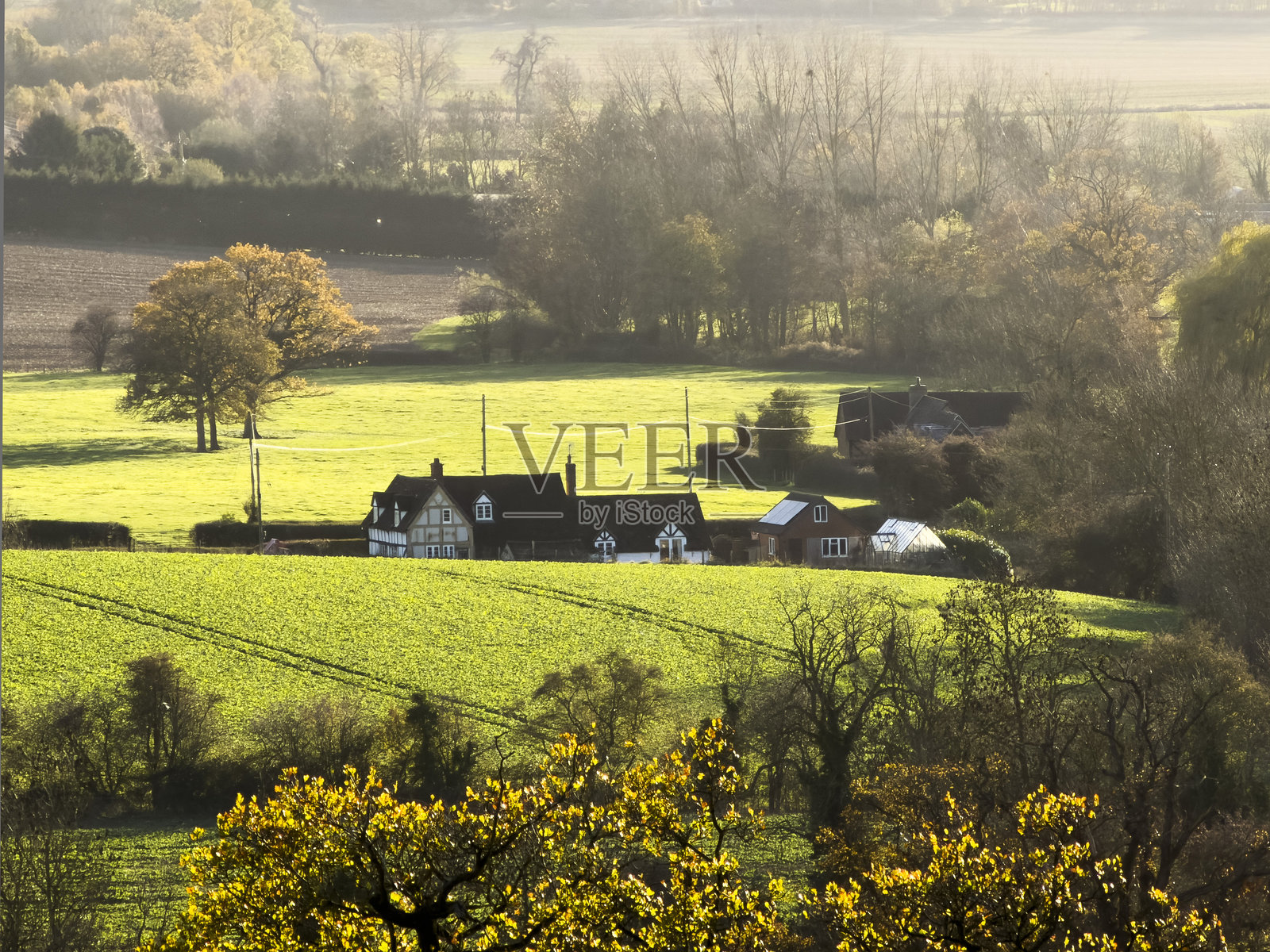 汉伯里伍斯特郡秋季农田风光，农业田野景色俯瞰照片摄影图片