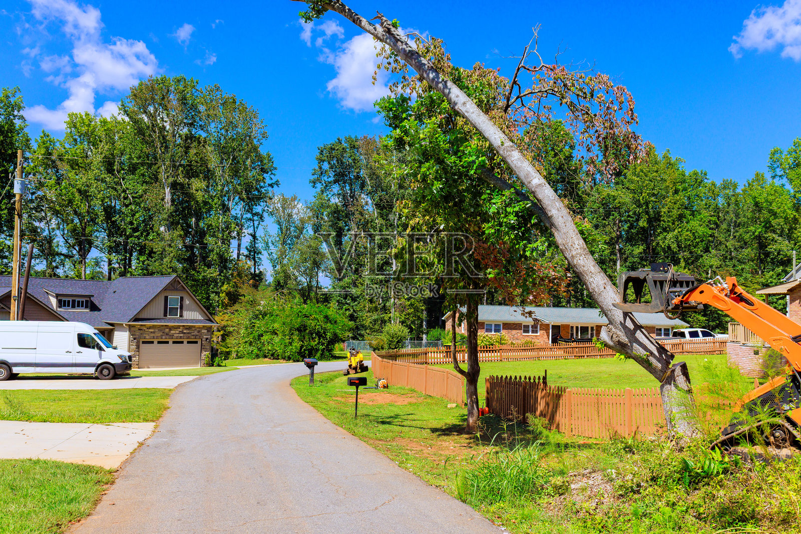 白天，在宁静的居民区街道上移走一棵倾斜的树照片摄影图片