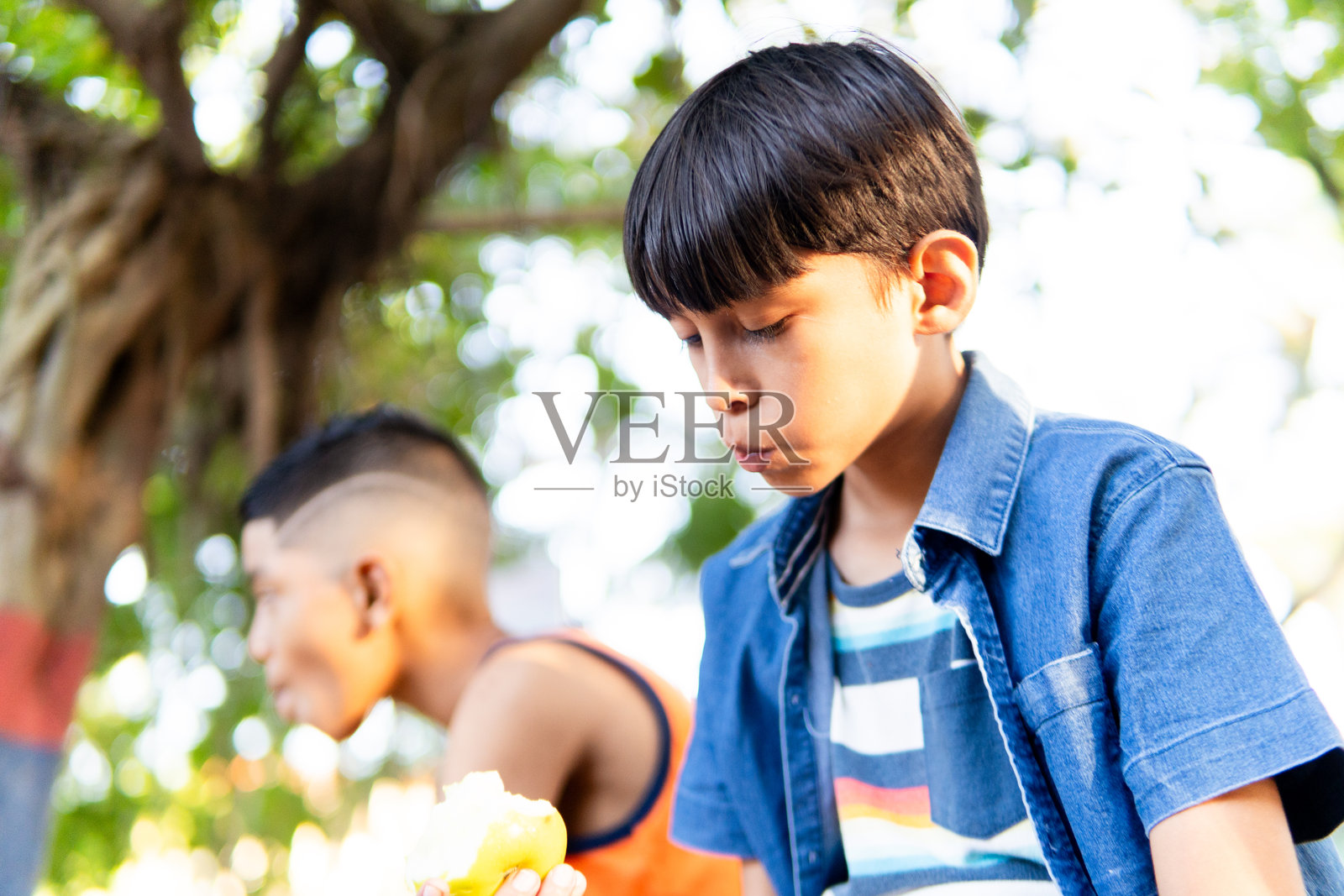 一群西班牙裔小学生在公园吃健康的零食照片摄影图片