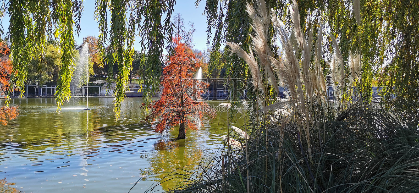 晴朗日子里平静的湖景，微波荡漾，倒映着周围的岩石和长满青草的岸边照片摄影图片