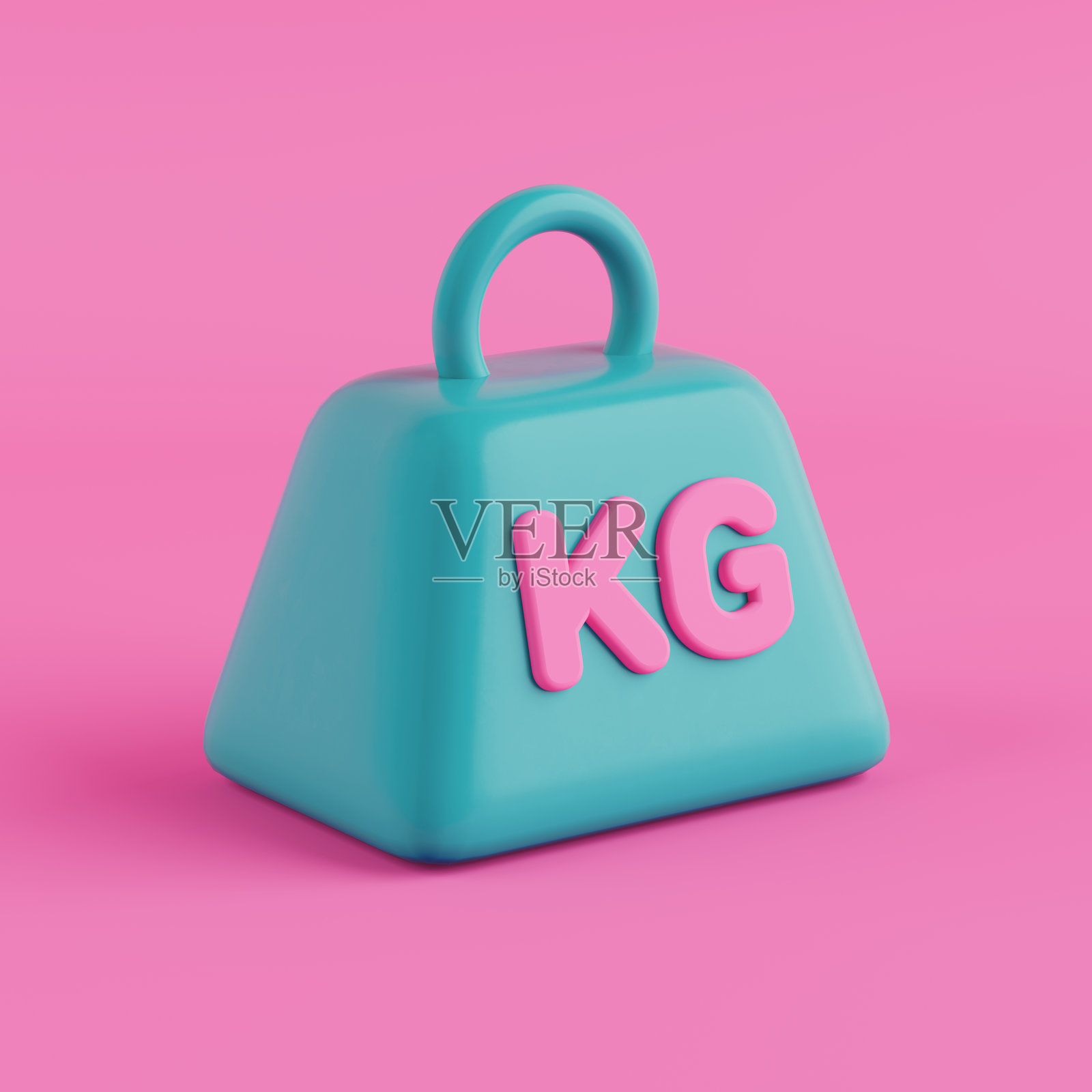 健身与测量概念。粉色背景上的双色风格蓝色配重块，带有粉色 KG 字母。3D 渲染照片摄影图片