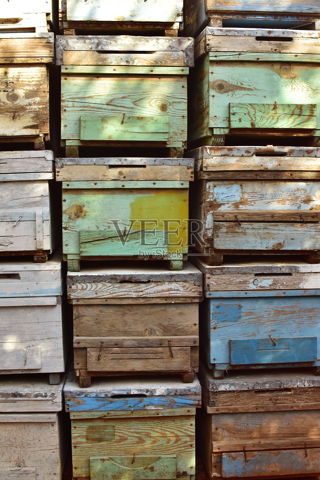 乡村养蜂人的彩色蜂箱照片摄影图片