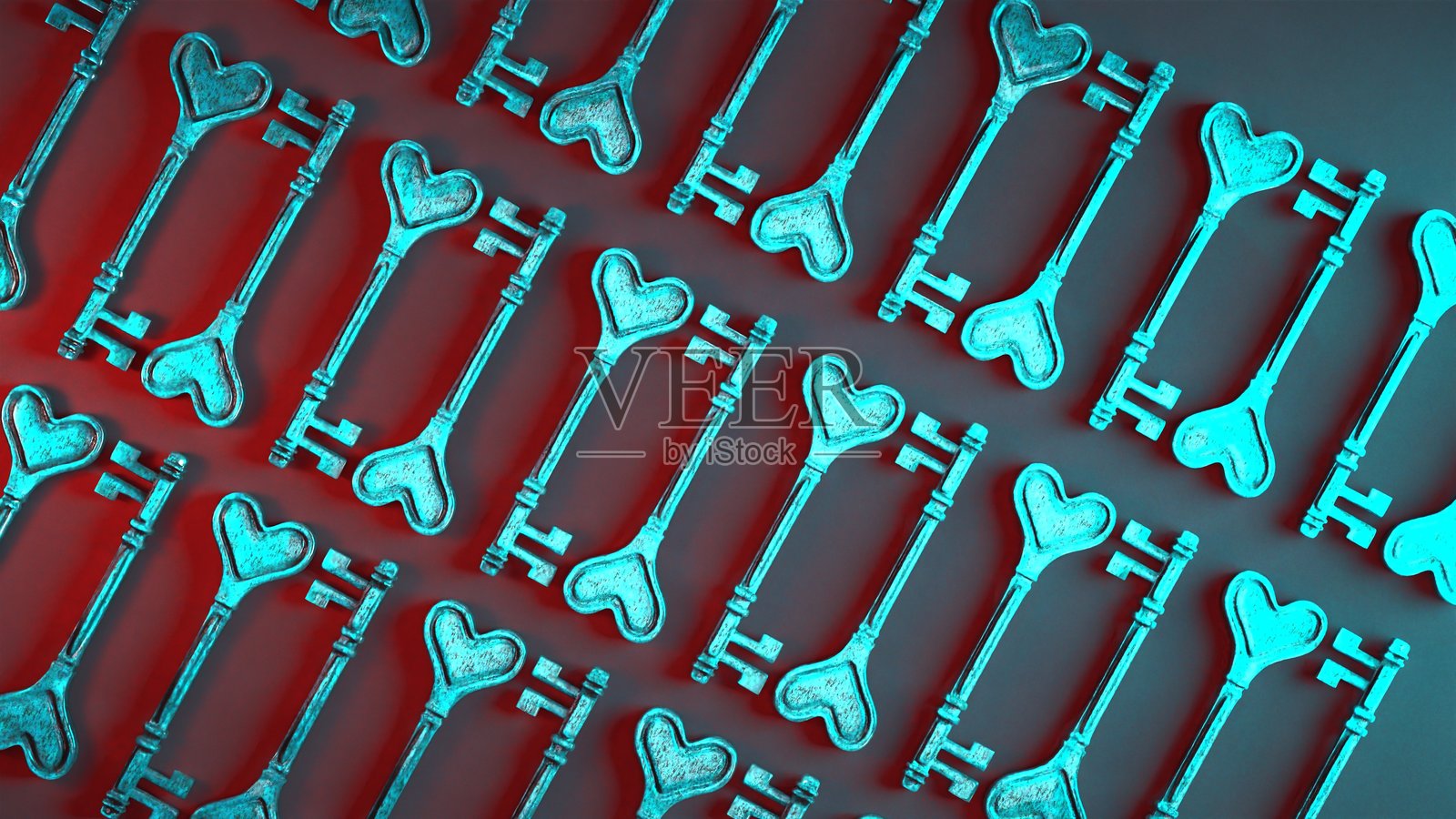 渐变背景上的心形金属钥匙图案照片摄影图片