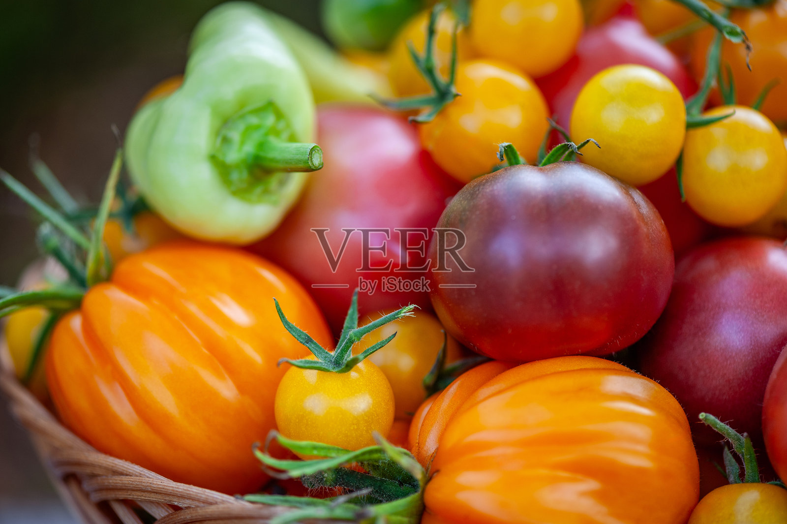 柳条篮中新鲜多彩的传家宝番茄和甜椒。照片摄影图片