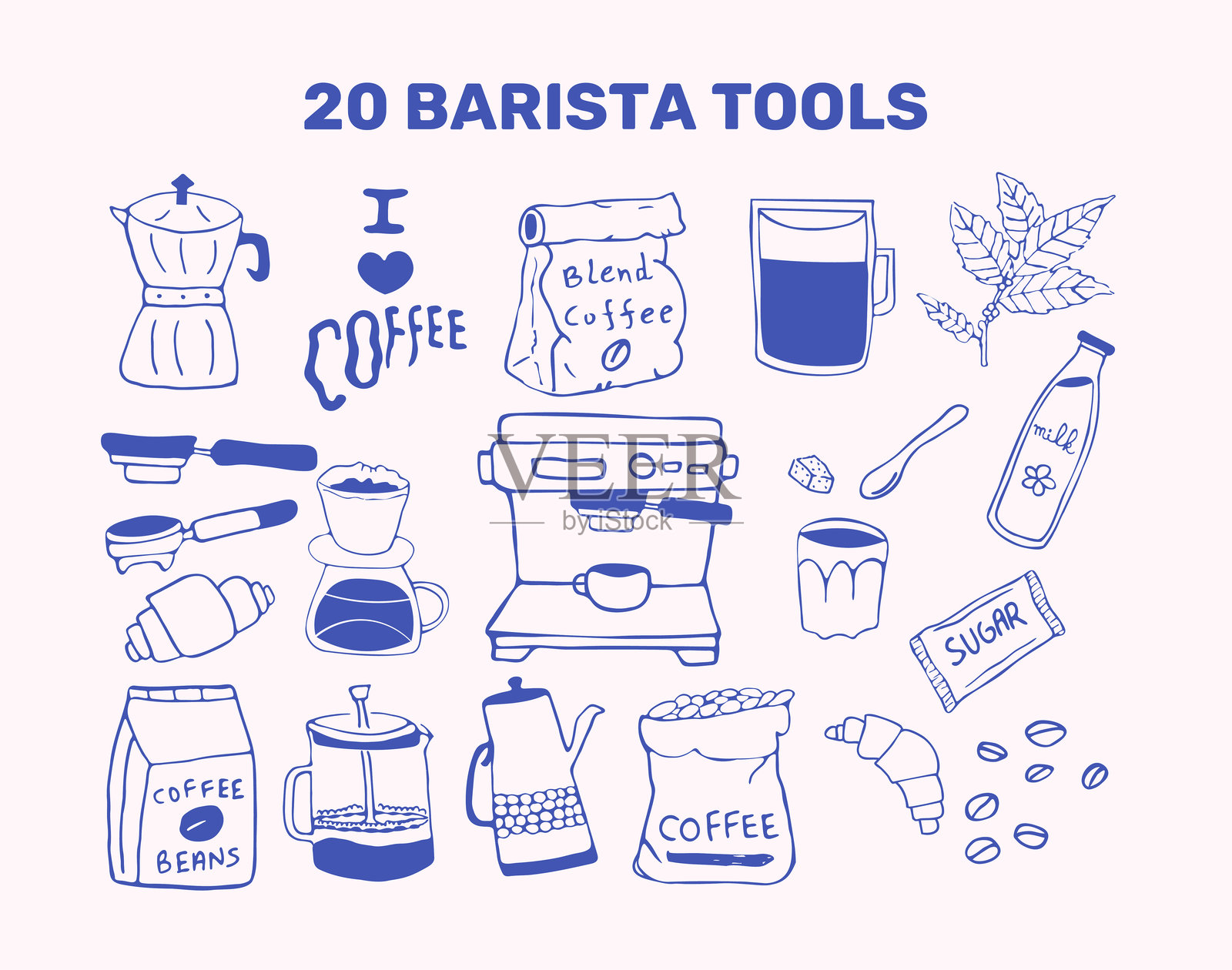 手绘咖啡师工具和咖啡配件涂鸦图标集插画图片素材