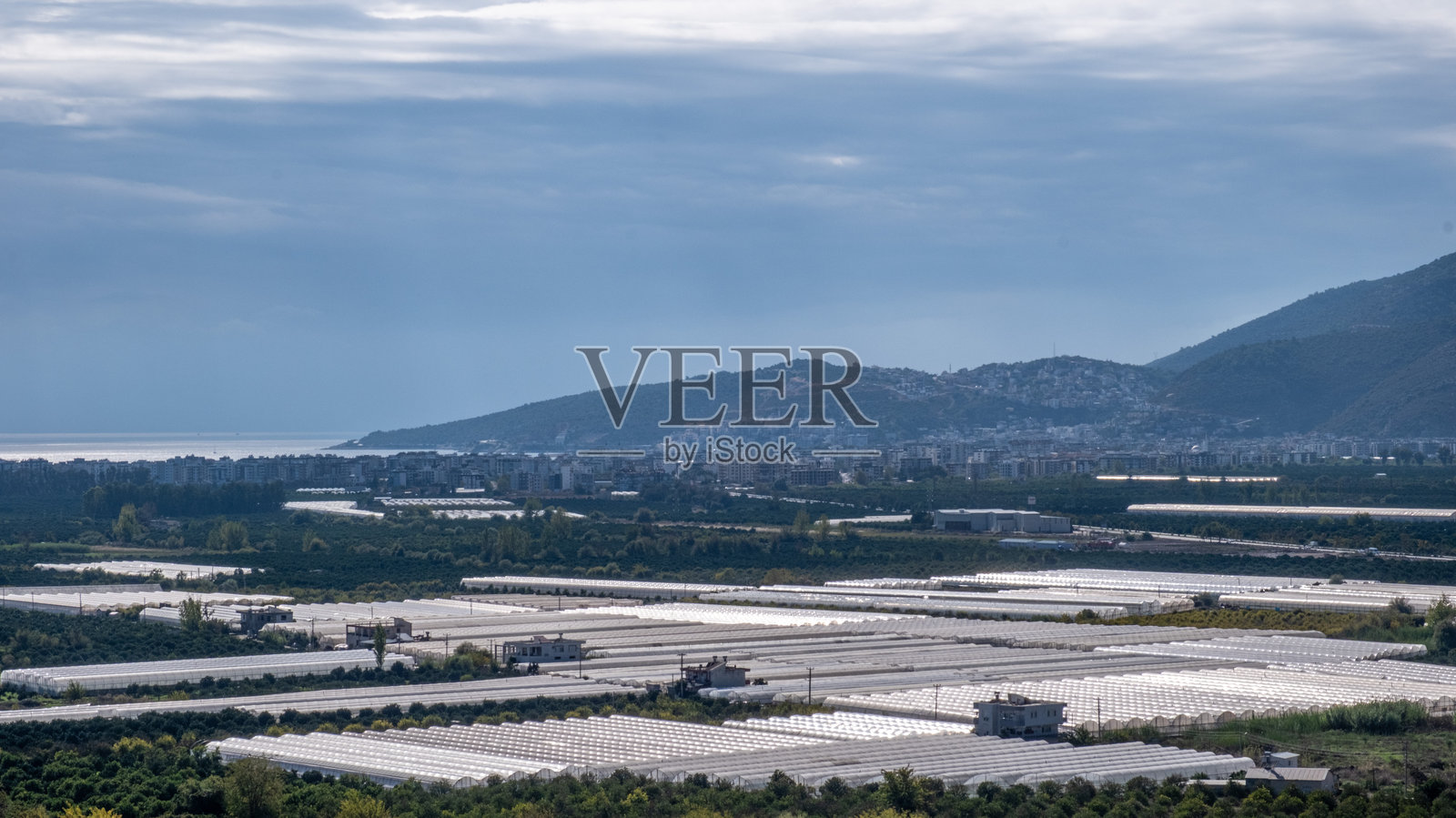 从空中远眺土耳其安塔利亚菲尼凯，可以看到柑橘林和温室。照片摄影图片