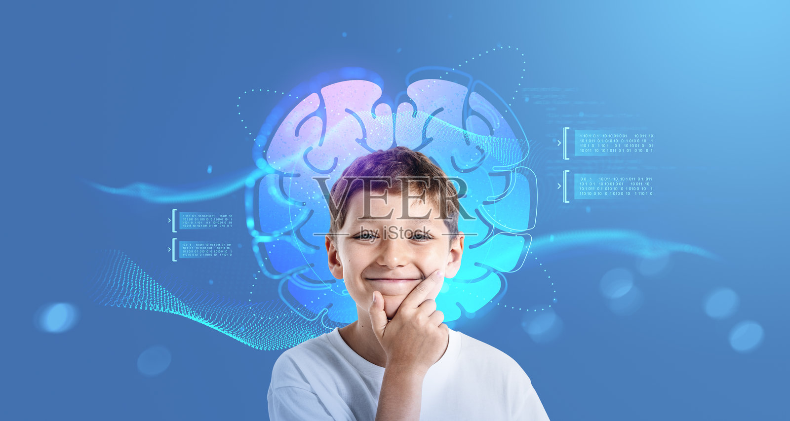 穿着白衬衫的男孩，带着发光的数字大脑插画照片摄影图片