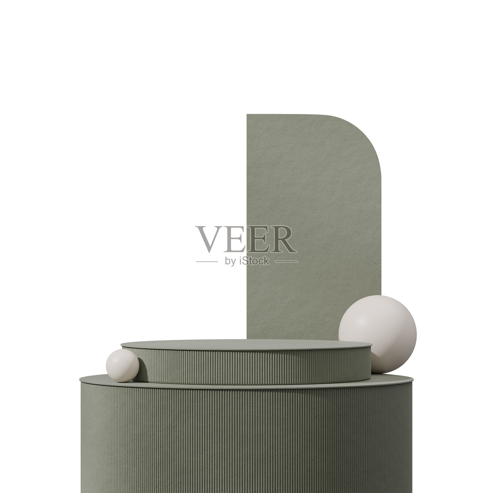 3D渲染的空白模型，带有陶瓷纹理的弧形圆柱体和弧形墙壁及球体照片摄影图片